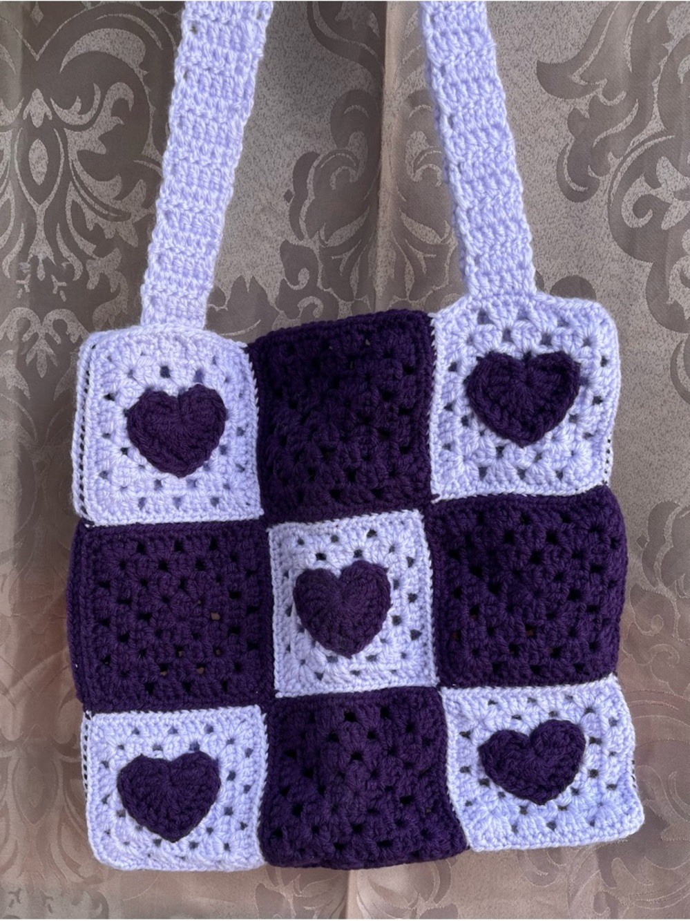 Handmade Crochet Heart Patchwork Tote Bag - Purple & Light Lavender